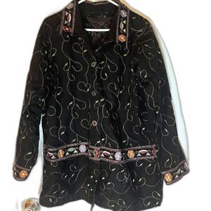 Denim & Co Casual Bohochic Long Black Embroidered Floral Heavy Cotton Jacket XL*